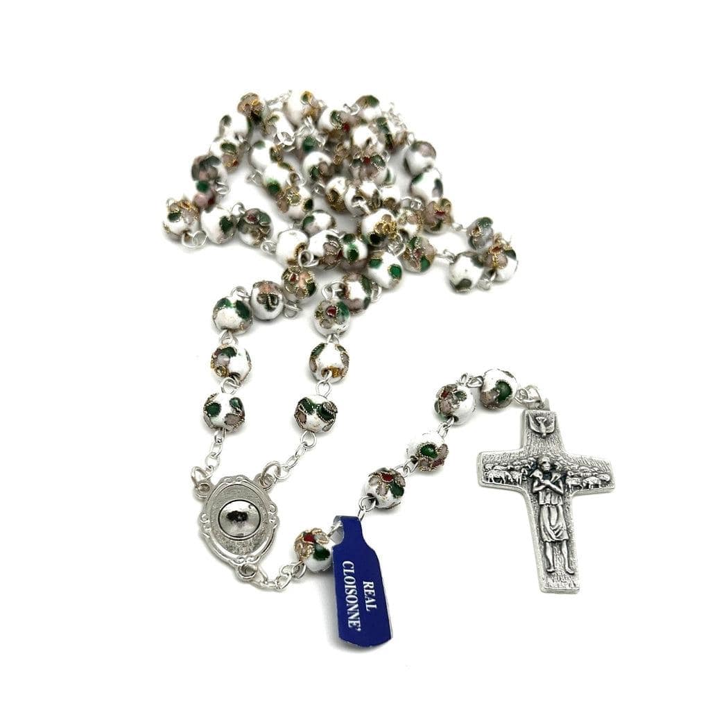 St. Padre Pio White Rosary Blessed By Pope with Relic | Catholically
