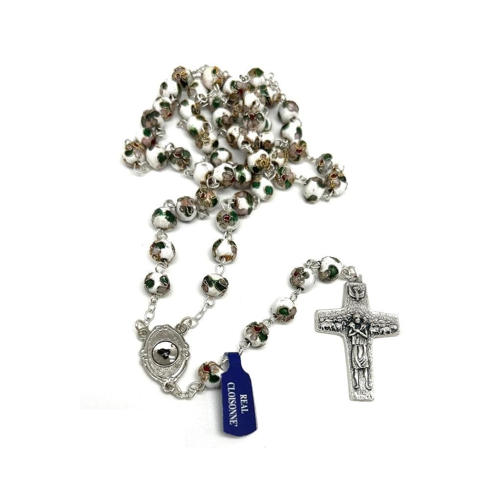 St. Padre Pio White Rosary Blessed By Pope with Relic | Catholically