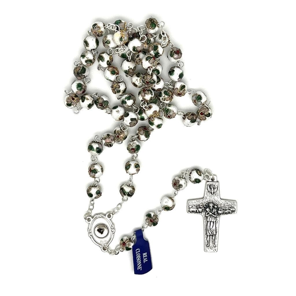 St. Padre Pio White Rosary Blessed By Pope with Relic | Catholically