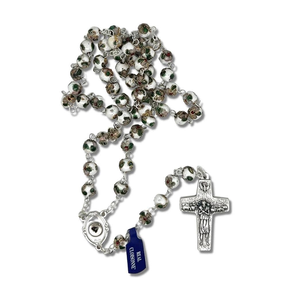 St. Padre Pio White Rosary Blessed By Pope with Relic | Catholically
