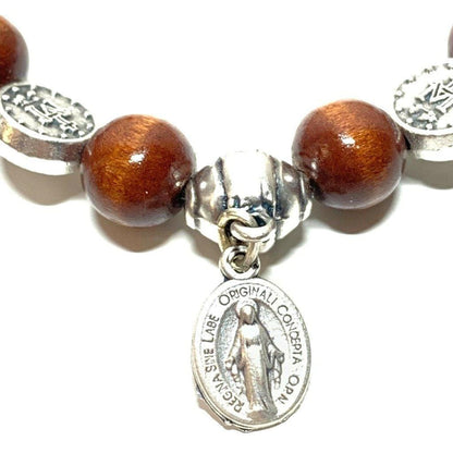 Stretch - Wooden Bracelet Miraculous Medal - Blessed By Pope | Catholically