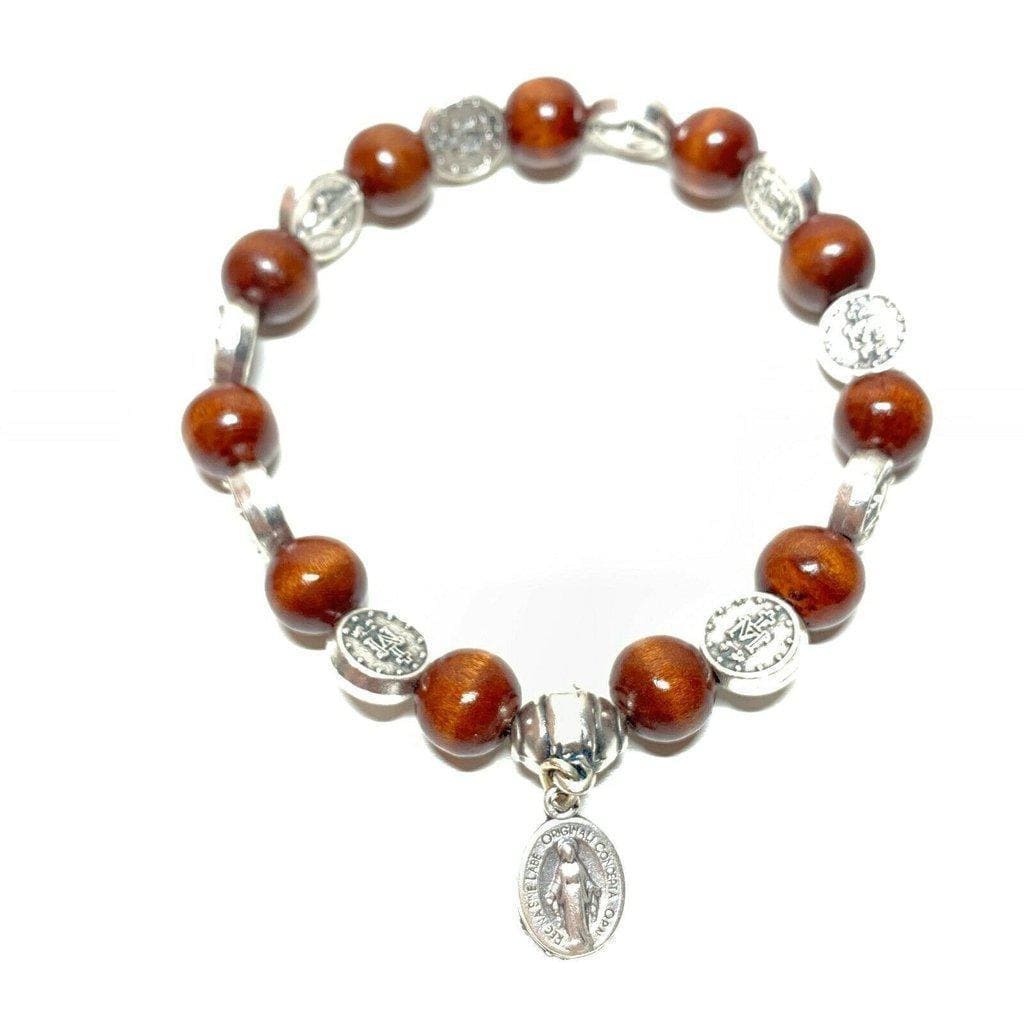 Stretch - Wooden Bracelet Miraculous Medal - Blessed By Pope | Catholically