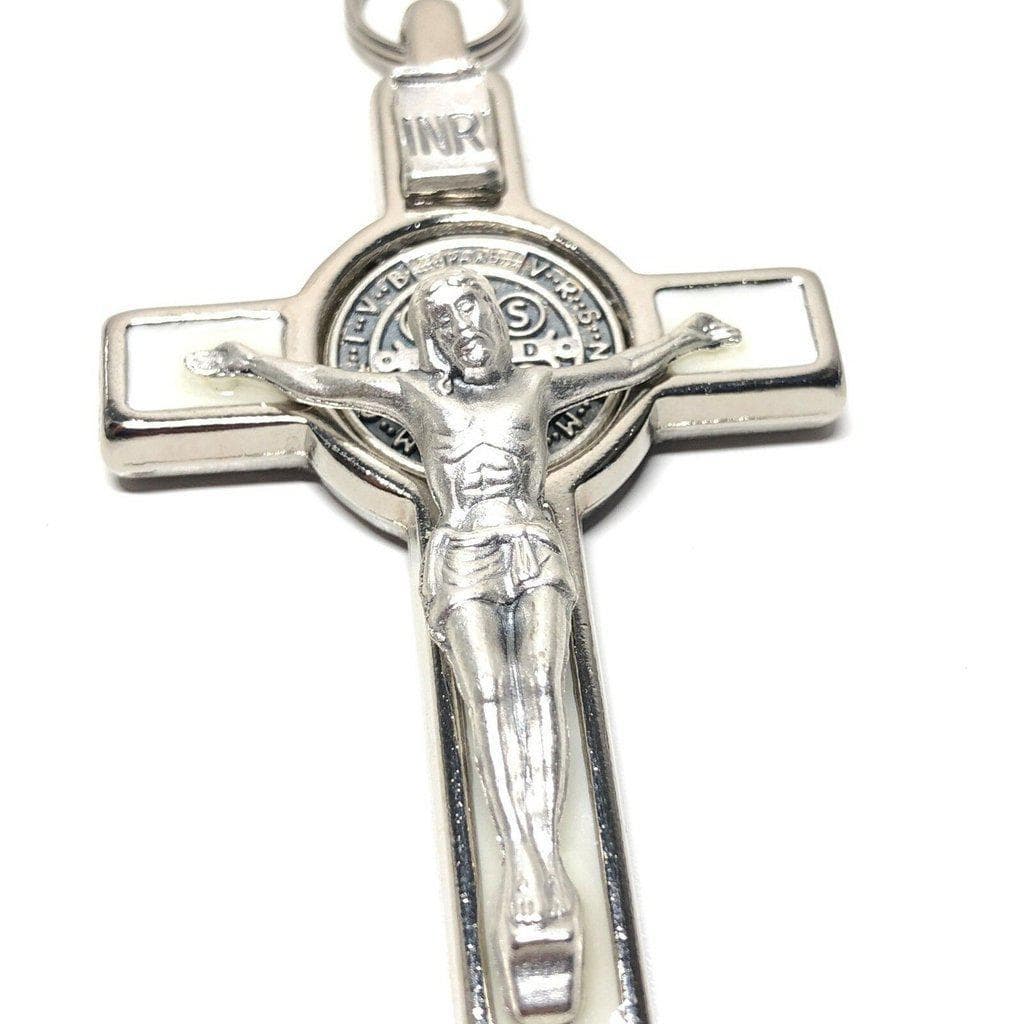 White 3" Saint St. Benedict Crucifix - Exorcism- Cross - Blessed - San Benito | Catholically