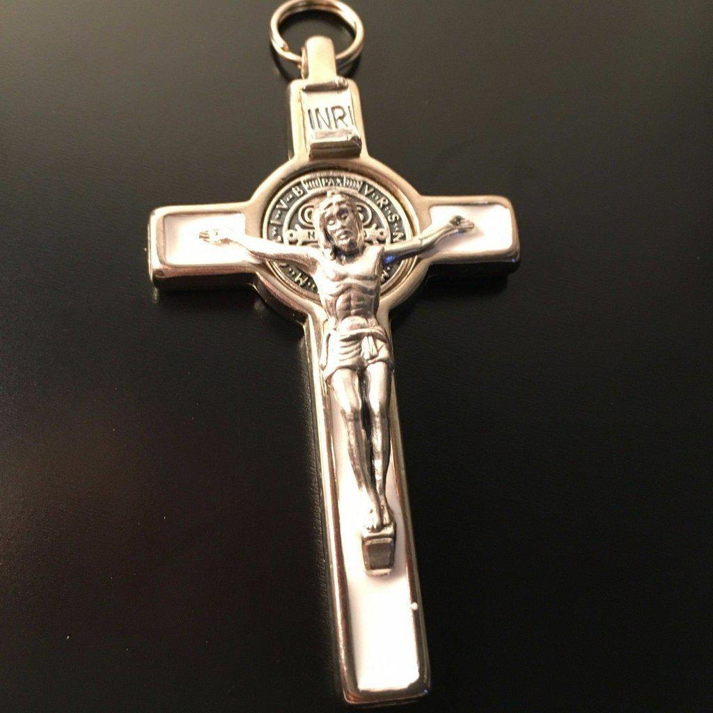 White 3" Saint St. Benedict Crucifix - Exorcism- Cross - Blessed - San Benito | Catholically
