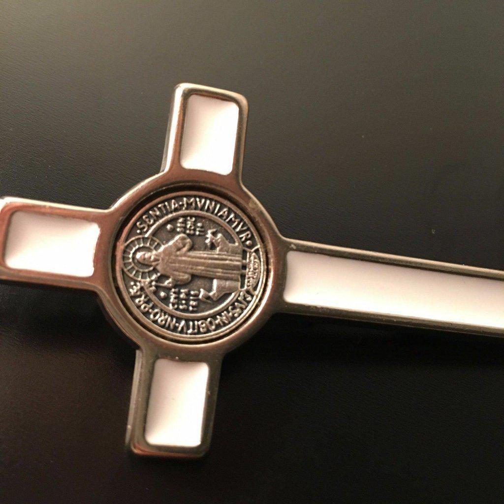 White 3" Saint St. Benedict Crucifix - Exorcism- Cross - Blessed - San Benito | Catholically