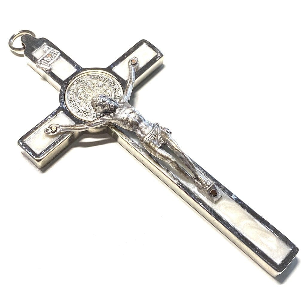 White 4.5" Saint St. Benedict Wall Crucifix - Exorcism Cross - Blessed By Pope | Catholically