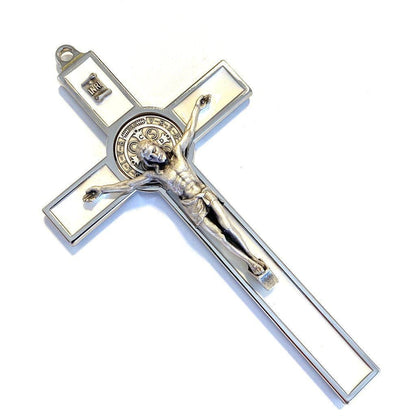 White 5" Saint St. Benedict Wall Crucifix - Exorcism Cross - Blessed By Pope | Catholically