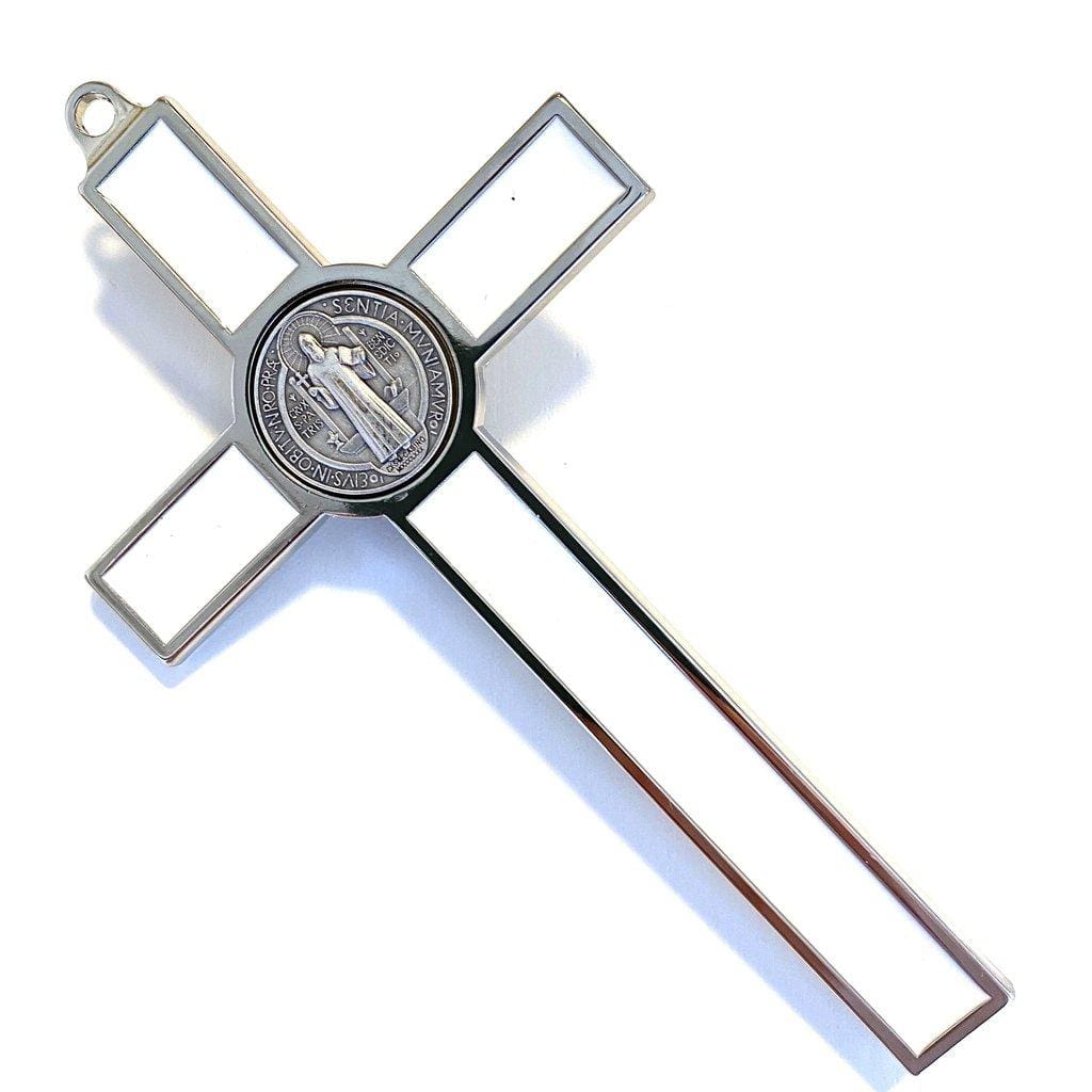 White 5" Saint St. Benedict Wall Crucifix - Exorcism Cross - Blessed By Pope | Catholically