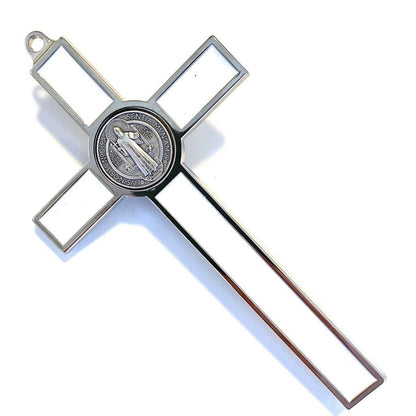 White 5" Saint St. Benedict Wall Crucifix - Exorcism Cross - Blessed By Pope | Catholically