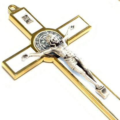 White 5" St. Benedict Cross Crucifix -Exorcism -Saint -Blessed -San Benito | Catholically