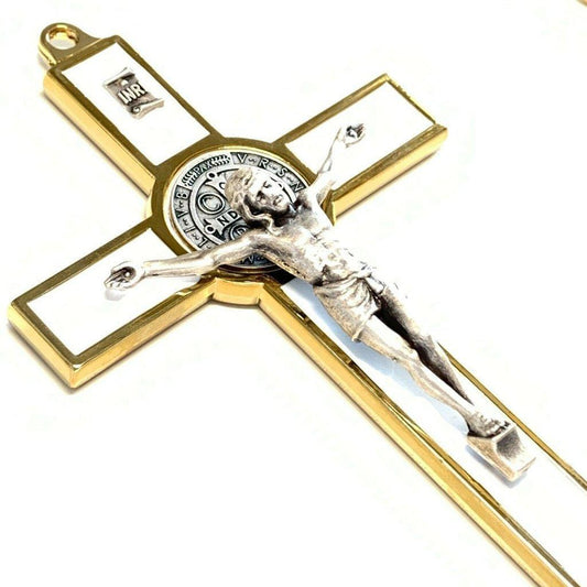 White 5" St. Benedict Cross Crucifix -Exorcism -Saint -Blessed -San Benito | Catholically