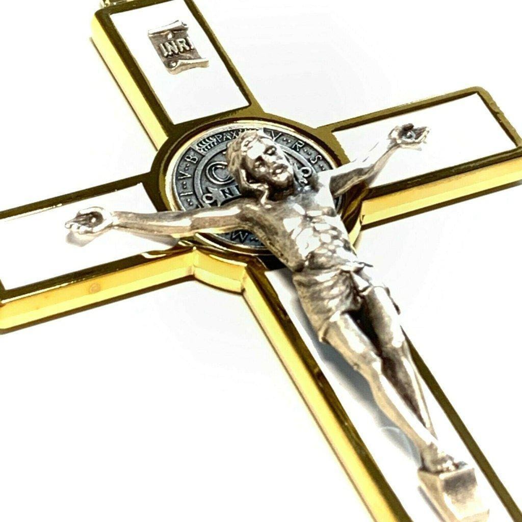 White 5" St. Benedict Cross Crucifix -Exorcism -Saint -Blessed -San Benito | Catholically
