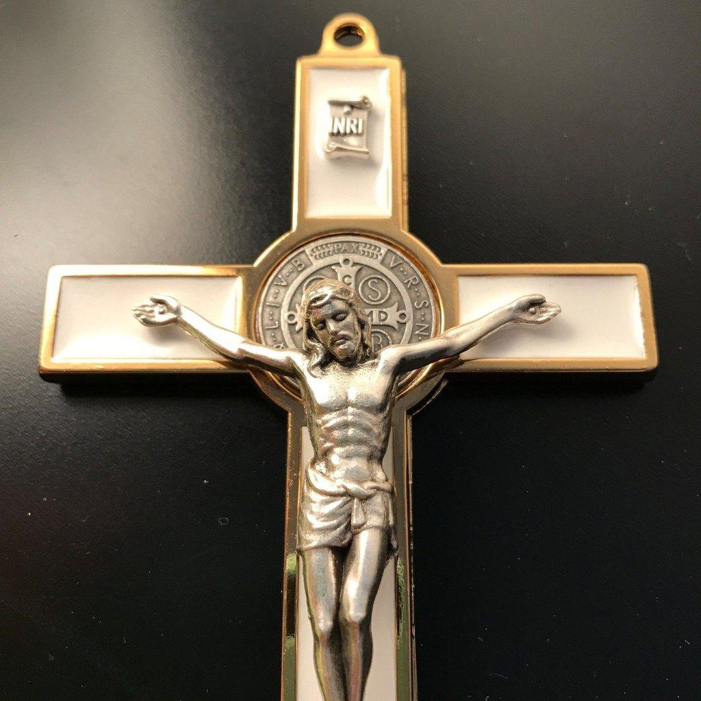 White 5" St. Benedict Cross Crucifix -Exorcism -Saint -Blessed -San Benito | Catholically
