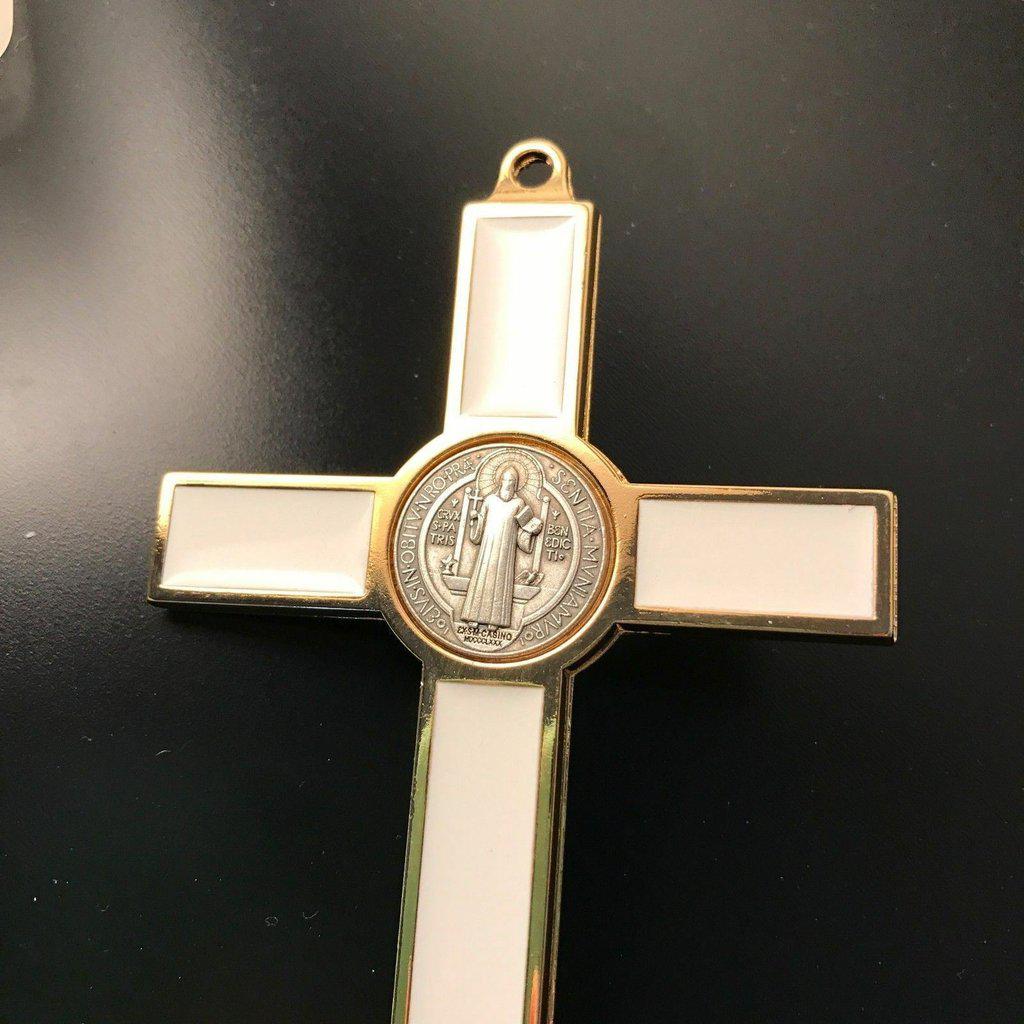 White 5" St. Benedict Cross Crucifix -Exorcism -Saint -Blessed -San Benito | Catholically