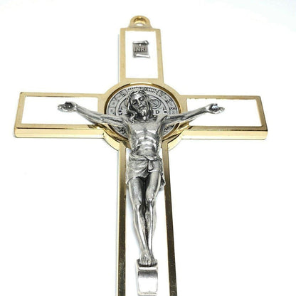 White 7.5" St. Benedict Cross Crucifix -Exorcism -Saint -Blessed -San Benito | Catholically