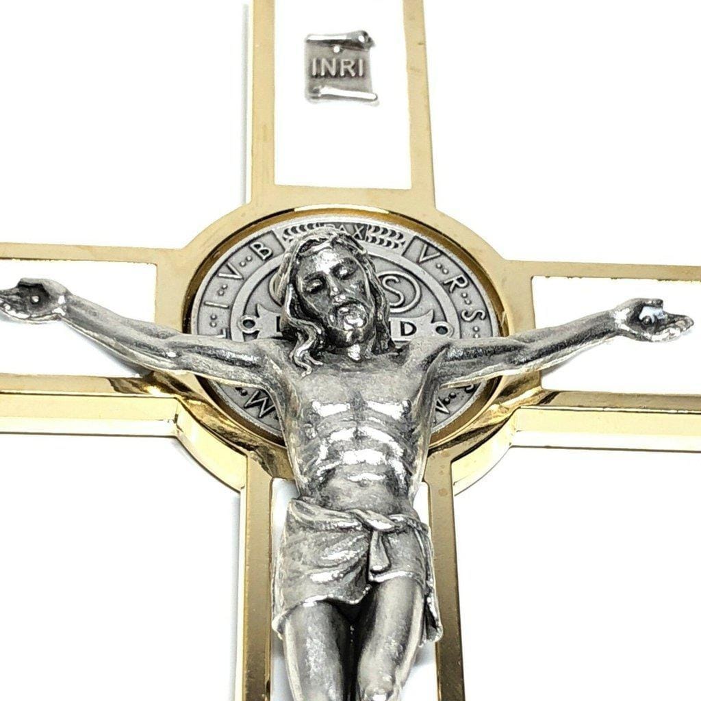 White 7.5" St. Benedict Cross Crucifix -Exorcism -Saint -Blessed -San Benito | Catholically