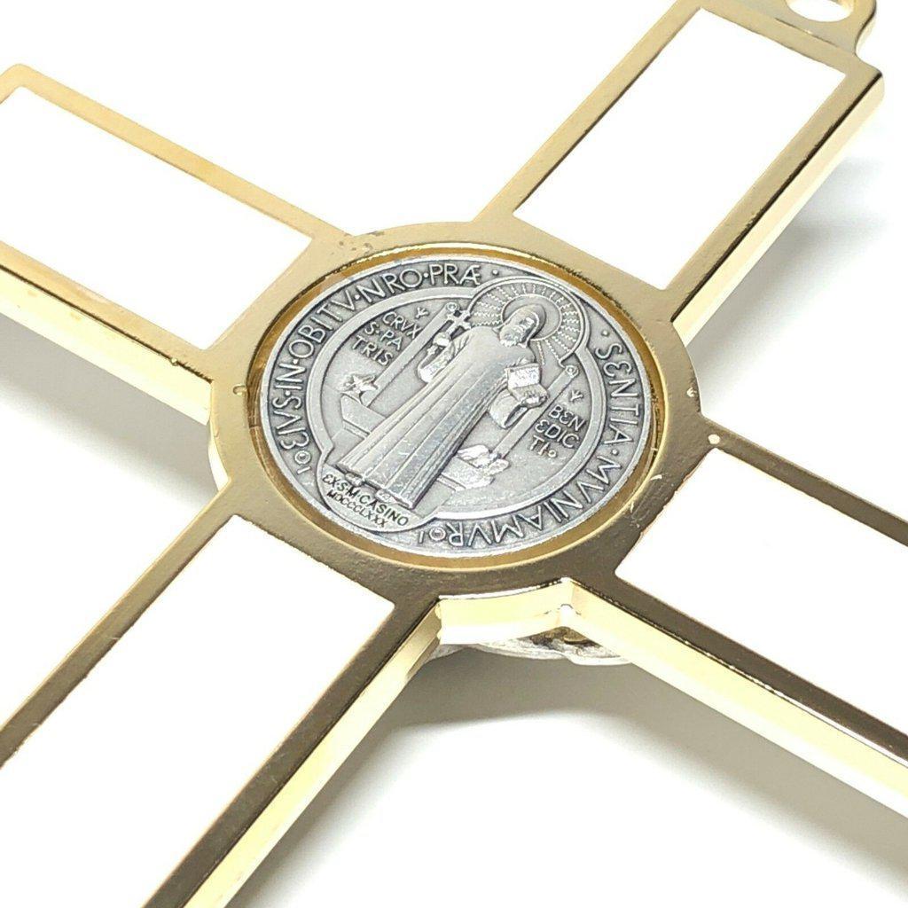 White 7.5" St. Benedict Cross Crucifix -Exorcism -Saint -Blessed -San Benito | Catholically