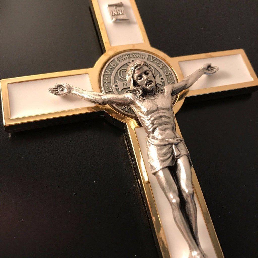 White 7.5" St. Benedict Cross Crucifix -Exorcism -Saint -Blessed -San Benito | Catholically