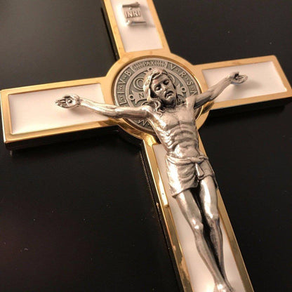 White 7.5" St. Benedict Cross Crucifix -Exorcism -Saint -Blessed -San Benito | Catholically