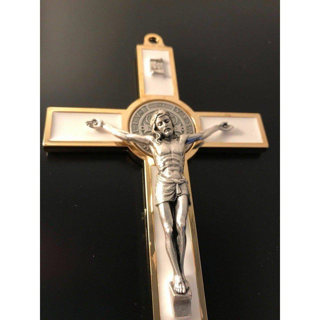 White 7.5" St. Benedict Cross Crucifix -Exorcism -Saint -Blessed -San Benito | Catholically