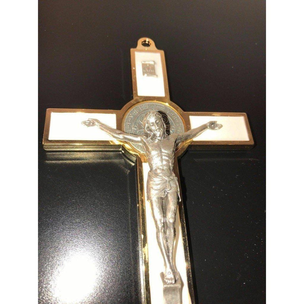 White 7.5" St. Benedict Cross Crucifix -Exorcism -Saint -Blessed -San Benito | Catholically