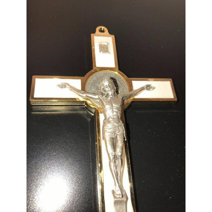 White 7.5" St. Benedict Cross Crucifix -Exorcism -Saint -Blessed -San Benito | Catholically