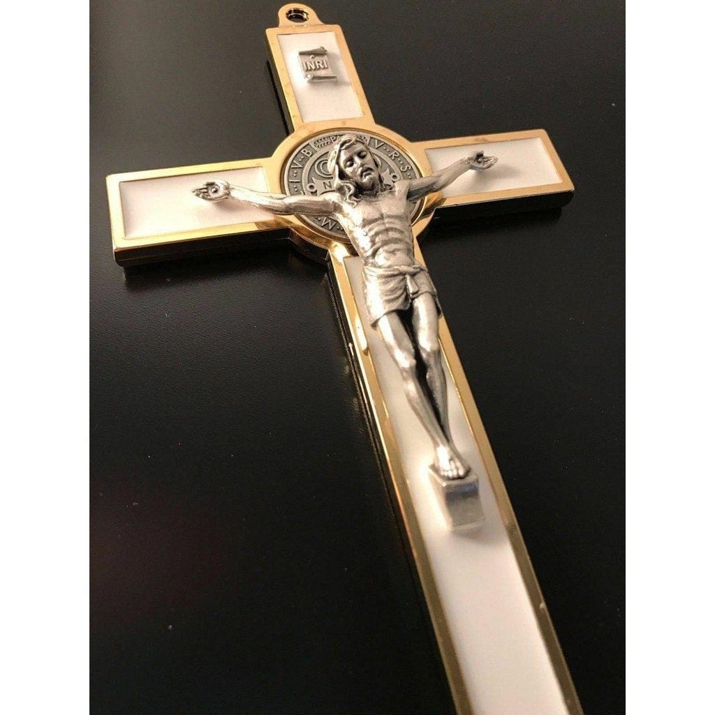 White 7.5" St. Benedict Cross Crucifix -Exorcism -Saint -Blessed -San Benito | Catholically