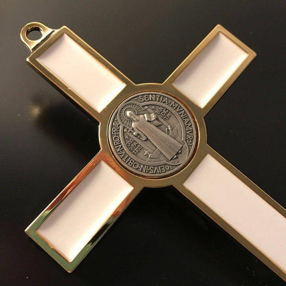 White 7.5" St. Benedict Cross Crucifix -Exorcism -Saint -Blessed -San Benito | Catholically
