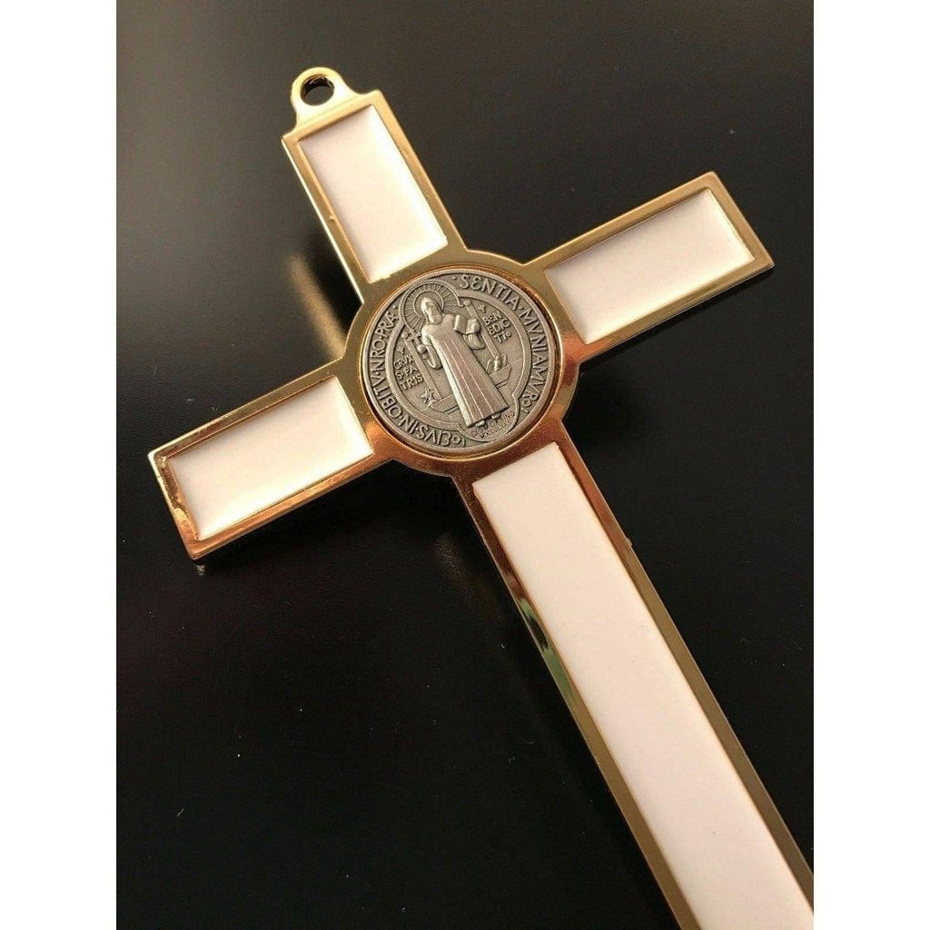 White 7.5" St. Benedict Cross Crucifix -Exorcism -Saint -Blessed -San Benito | Catholically