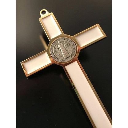 White 7.5" St. Benedict Cross Crucifix -Exorcism -Saint -Blessed -San Benito | Catholically