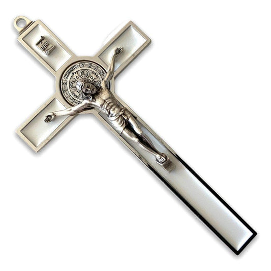 White  7.5" St. Benedict Cross Crucifix - Exorcism - San Benito | Catholically