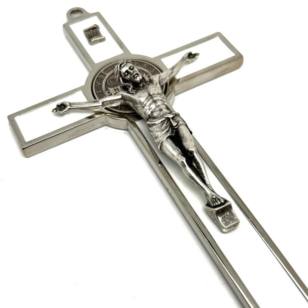 White  7.5" St. Benedict Cross Crucifix - Exorcism - San Benito | Catholically