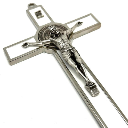 White  7.5" St. Benedict Cross Crucifix - Exorcism - San Benito | Catholically