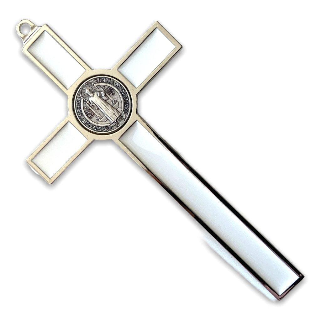 White  7.5" St. Benedict Cross Crucifix - Exorcism - San Benito | Catholically