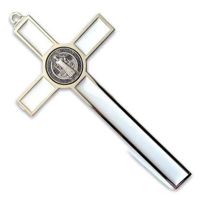 White  7.5" St. Benedict Cross Crucifix - Exorcism - San Benito | Catholically
