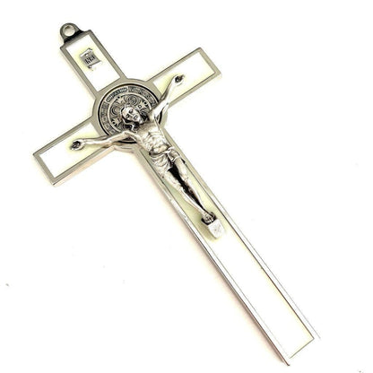 White  7.5" St. Benedict Cross Crucifix - Exorcism - San Benito | Catholically