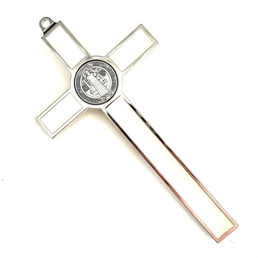 White  7.5" St. Benedict Cross Crucifix - Exorcism - San Benito | Catholically