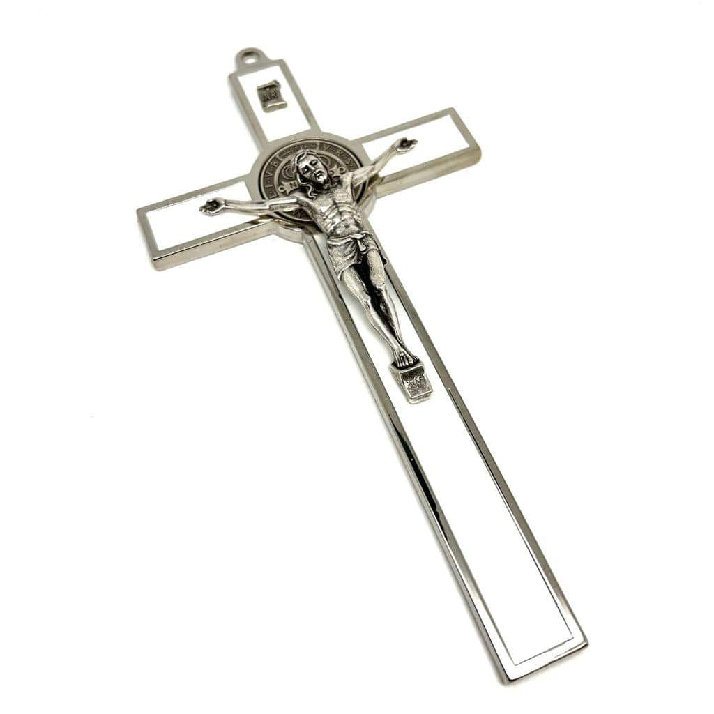 White  7.5" St. Benedict Cross Crucifix - Exorcism - San Benito | Catholically