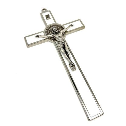 White  7.5" St. Benedict Cross Crucifix - Exorcism - San Benito | Catholically