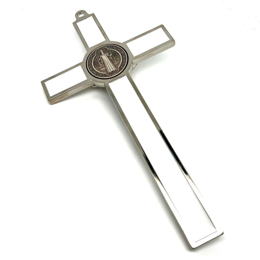 White  7.5" St. Benedict Cross Crucifix - Exorcism - San Benito | Catholically