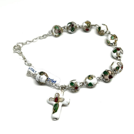 White Cloisonne Rosary Bracelet Glass - Blessed By Pope | Catholically
