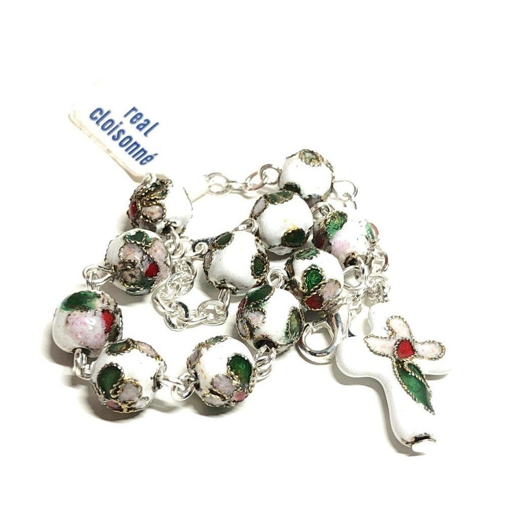 White Cloisonne Rosary Bracelet Glass - Blessed By Pope | Catholically