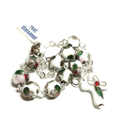 White Cloisonne Rosary Bracelet Glass - Blessed By Pope | Catholically