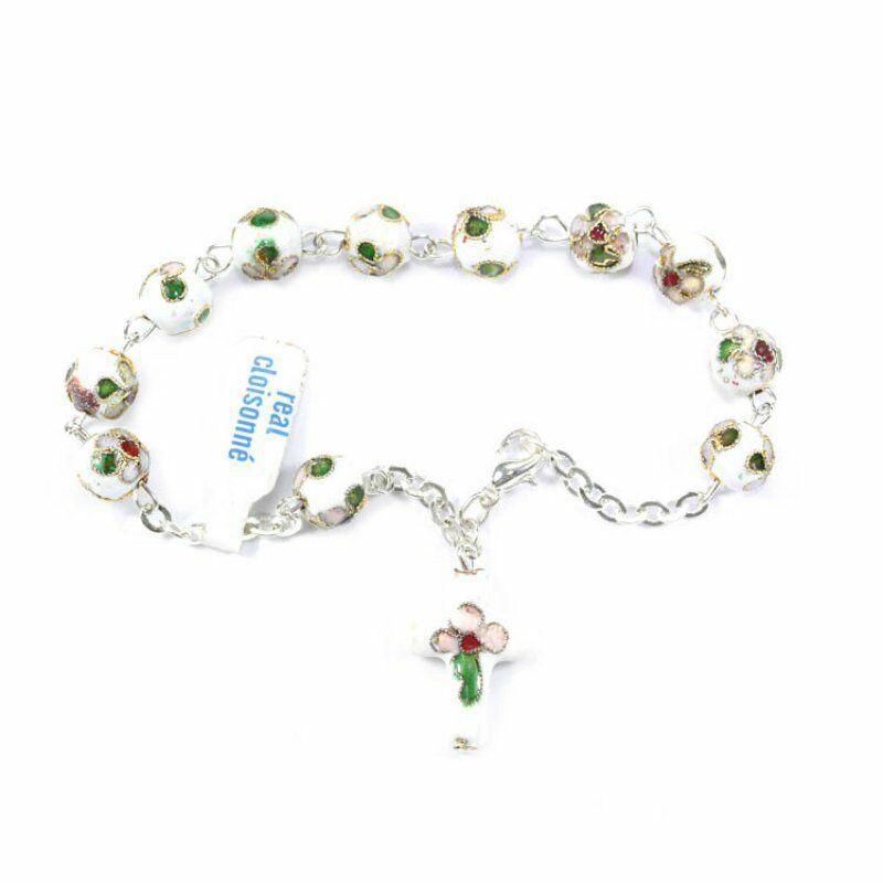 White Cloisonne Rosary Bracelet Glass - Blessed By Pope | Catholically