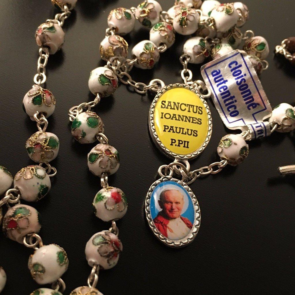 White Cloisonne Rosary - St.John Paul II - JPII- Ex-Indumentis Relic Medal | Catholically