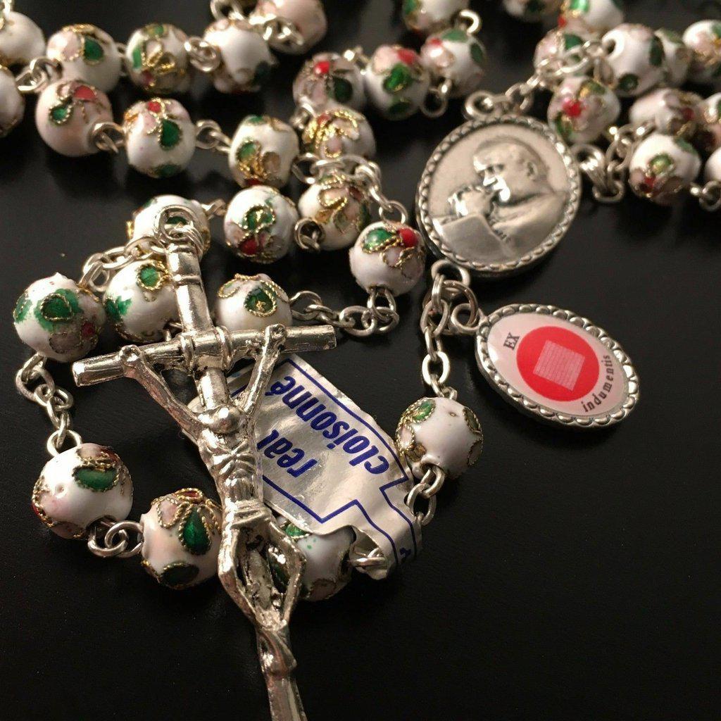 White Cloisonne Rosary - St.John Paul II - JPII- Ex-Indumentis Relic Medal | Catholically