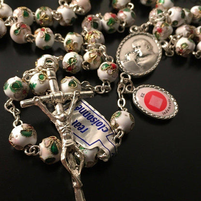 White Cloisonne Rosary - St.John Paul II - JPII- Ex-Indumentis Relic Medal | Catholically