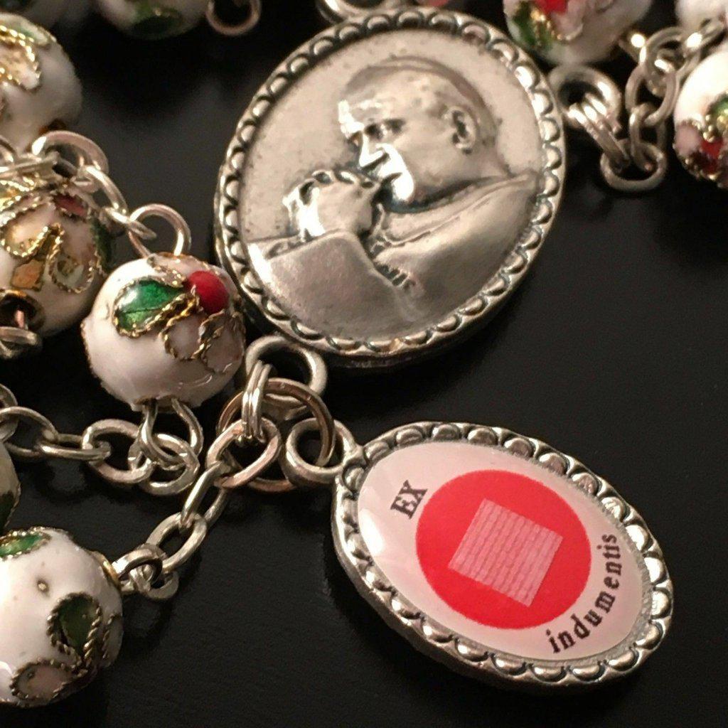 White Cloisonne Rosary - St.John Paul II - JPII- Ex-Indumentis Relic Medal | Catholically
