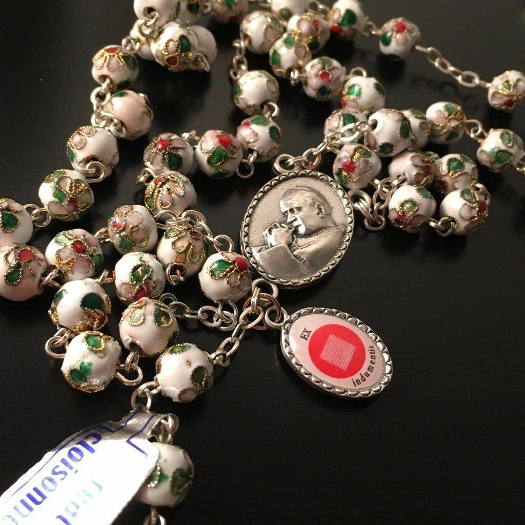 White Cloisonne Rosary - St.John Paul II - JPII- Ex-Indumentis Relic Medal | Catholically