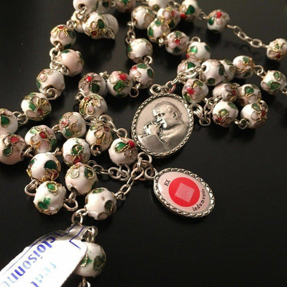 White Cloisonne Rosary - St.John Paul II - JPII- Ex-Indumentis Relic Medal | Catholically